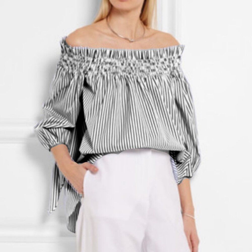 Caroline Constas Lou Off the Shoulder Blouse White Black and Grey Striped Sz M